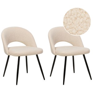 2er-Set Esszimmerstühle Onaga in Beige mit Bouclé-Bezug und schwarzen Metallbeinen.