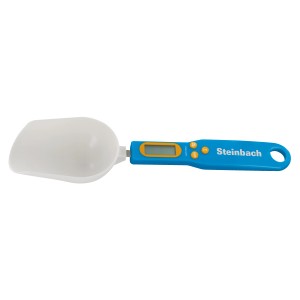 Balance numérique Steinbach pour produits chimiques de piscine avec manche bleu et cuillère blanche.