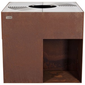 Brasero Nouvel Cubo Pro en acier aspect rouille avec rangement pour le bois.