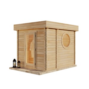 Sauna de jardin Finntherm Cubus-70 B en épicéa naturel avec toit plat et fenêtre ronde.