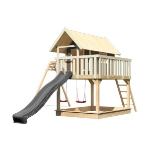 Karibu Maison sur pilotis Fidel avec toboggan et balançoire double, bois naturel-gris.