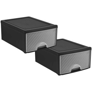 Zwei schwarze Rotho Frontboxen, große Aufbewahrungsboxen mit Schubladenfunktion.