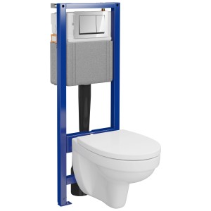 Set WC sospeso Cersanit B980 con WC senza brida, sedile e placca di comando cromata.