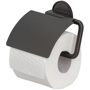 Porte-papier toilette Tiger Tune avec couvercle, métal noir brossé, pour montage mural.