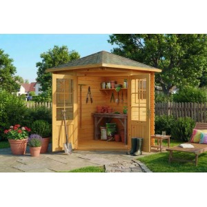 Abri de jardin pentagonal Alpholz Sunny-A naturel imprégné, 200x200 cm, avec porte double et fenêtre.