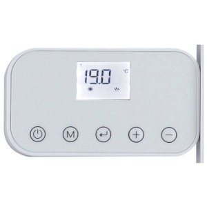 Pannello di controllo bianco del radiatore da bagno Kibernetik con display digitale (19.0 °C) e pulsanti.