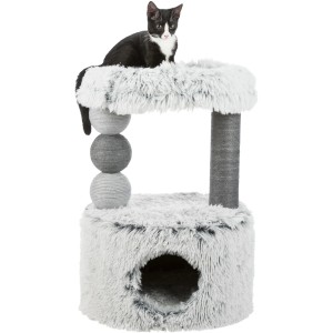Arbre à chat gris Harvey (73 cm) avec grotte, surface de couchage et griffoir. Chat assis dessus.
