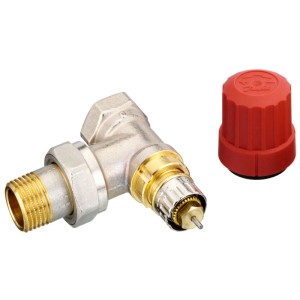Robinet thermostatique Danfoss RA-N, équerre en laiton nickelé DN15 / 1/2, pour installation de chauffage.