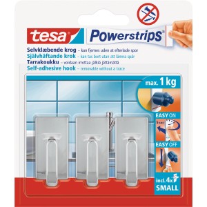 Tesa Crochets Adhésifs Chromés, lot de 3 avec Powerstrips Small, carrés, pour cuisine et salle de bain.
