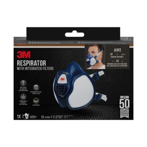Maschera respiratoria 3M 4251+ A1P2, blu scuro, pronta all'uso con filtri integrati per verniciatura a spruzzo.