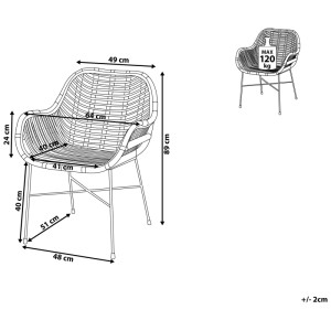 Image de la chaise de salle à manger Beliani Canora en rotin marron et noir avec dimensions.
