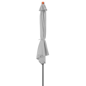 Zusammengebundener, hellgrauer Doppler Marktschirm MyZone mit Push-Up Mechanik.