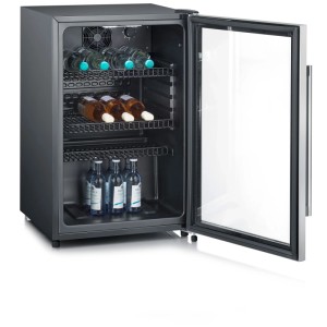 Frigorifero per bottiglie Severin FKS8840, acciaio inox/nero, con frontale in vetro e bevande.