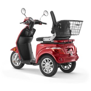 Rotes E-Mobil E3800 mit drei Rädern, Sitz mit Rückenlehne und Gepäckkorb.