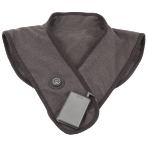 Scaldacollo-spalle senza fili grigio scuro con tecnologia a infrarossi, power bank e pulsante di controllo.