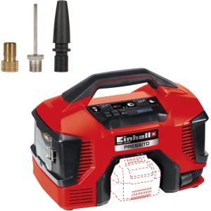 Compresseur hybride Einhell Pressito avec adaptateurs pour gonfler pneus et ballons.