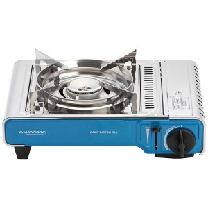 Fornello a gas Campingaz CampBistro DLX, blu/argento, con supporto pentola e regolatore.