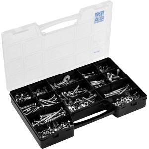 Assortiment de vis et écrous LUX, 560 pièces, dans une boîte de rangement avec couvercle transparent.