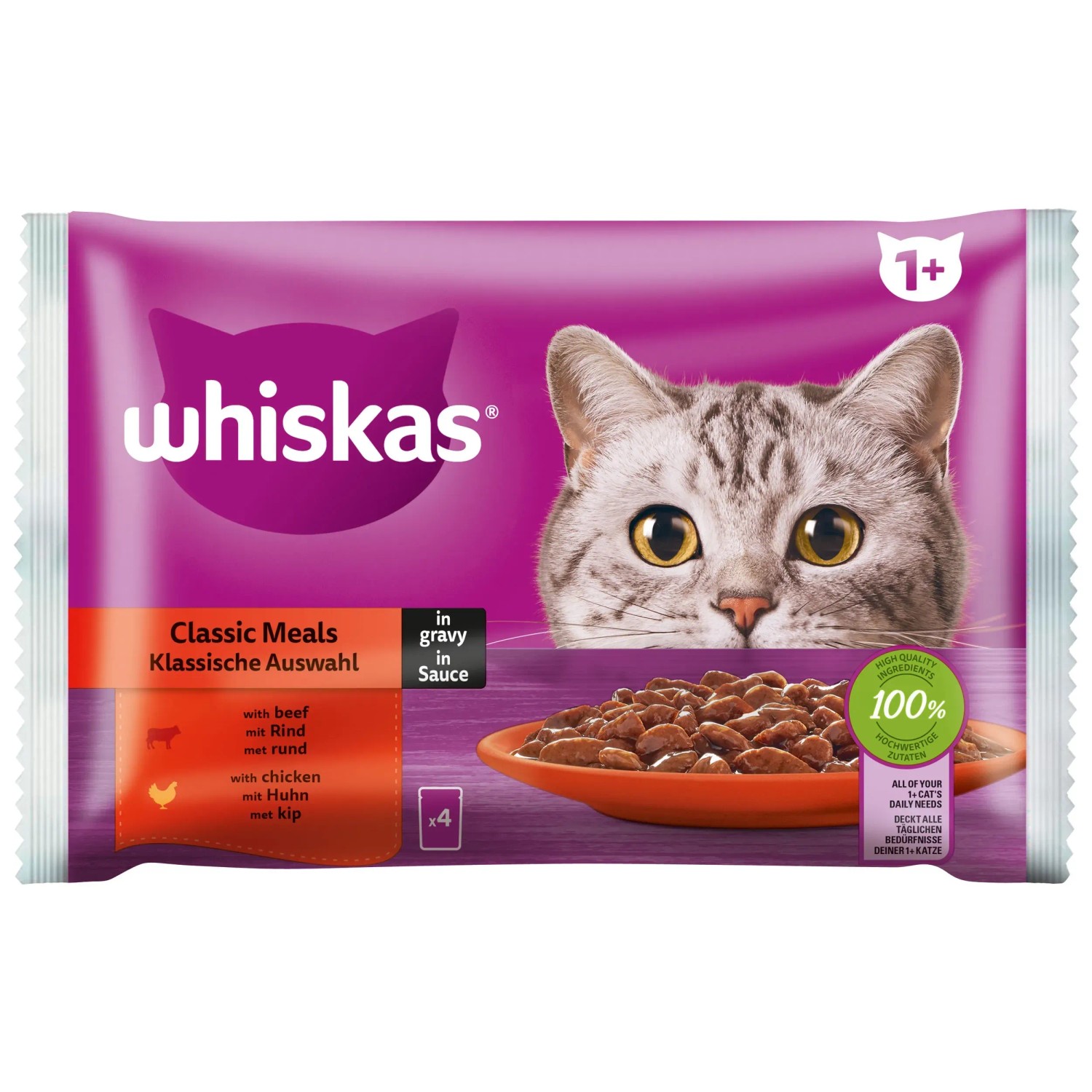 Whiskas Katzen-Nassfutter 1+ Klassische Auswahl Rind / Huhn 85 g / 4 Stk.