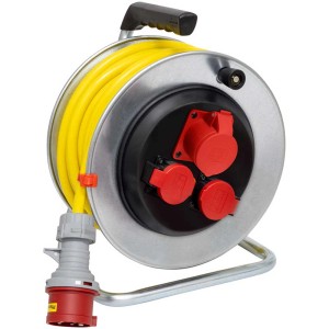 Enrouleur de câble CEE Brennenstuhl, 25m, IP55, câble jaune, tambour en tôle d'acier sur châssis.