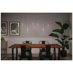 Lampadina LED Paulmann Rustic Shine E27, 4.2W, 170lm, dimmerabile, con vetro fumé e filamenti a S sopra il tavolo da pranzo.