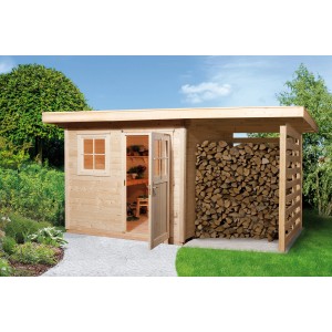 Casetta da giardino in legno grezzo con tetto piatto e deposito legna, 504x375 cm.