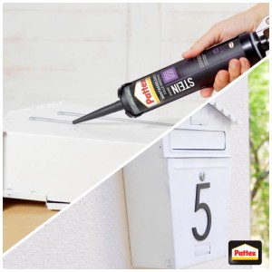 Pattex Montagekleber Stein Grigio 420g in uso su cassetta postale e metallo.