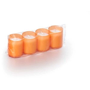 Quatre bougies de fête orange style photophore, Ø 5 cm, hauteur 6 cm, emballées.