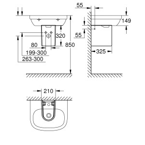Disegno tecnico della semicolonna Grohe Euro Keramik per lavabi con dimensioni.