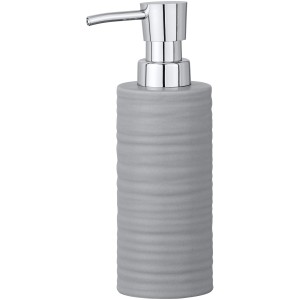 Dispenser sapone Wenko Mila grigio in ceramica con design a coste e pompa cromata.