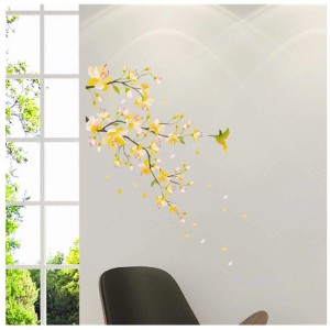 Sticker mural avec branche fleurie jaune et colibri, taille M.