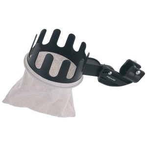 Raccoglifrutta Fiskars per giraffe da taglio, accessorio con sacco in tessuto e cesto in plastica nera.