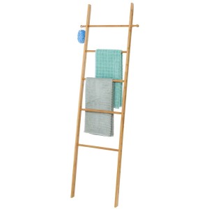 Scala portasciugamani Bahari in bambù con asciugamani e spugna da bagno. Pratico porta asciugamani per il bagno.