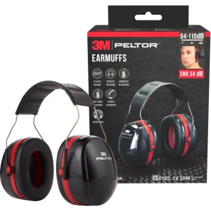 Casque antibruit 3M Peltor H540A, noir/rouge, avec serre-tête et coussinets souples pour un confort optimal.