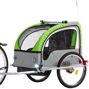 Rimorchio bici per bambini Fischer Comfort, grigio-verde, con luci LED, sospensioni, per 1-2 bambini.