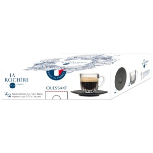 La Rochère Ouessant set di 2 tazzine da espresso: Tazze in vetro con piattini antracite nella confezione del prodotto.
