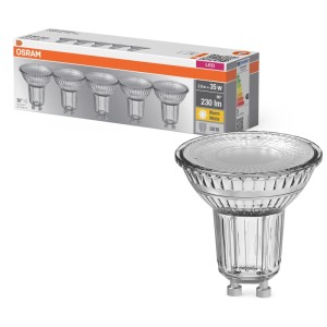 Osram LED GU10 lampadina riflettore, confezione da 5. Luce bianca calda, 230 lumen, sostituzione 35W.