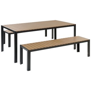 Ensemble de meubles de jardin Beliani Nardo : table et deux bancs en bois synthétique marron clair/noir.