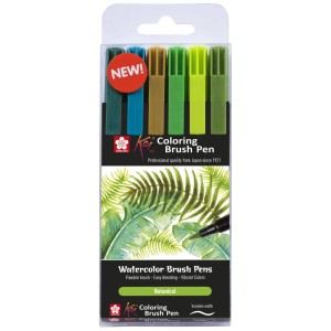 Sakura Koi Brushpen Set Botanical, 6 Stifte in Grüntönen und Blau, verpackt.