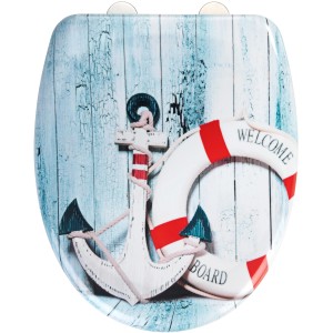 Wenko Sedile WC Welcome board con ancora e salvagente su decoro legno blu e bianco.