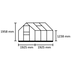 Schéma de la serre Halls Popular avec dimensions : 1958 mm de hauteur, 3850 mm de largeur, 1238 mm de hauteur latérale.