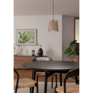 Lampada a sospensione Eglo Fattoria, 1 luce, paralume in legno e tessuto bianco, nero e marrone.