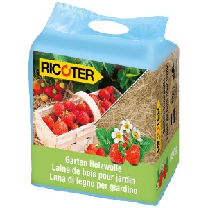Confezione Ricoter lana di legno da giardino 850g con fragole e lana di legno. Certificato FSC.