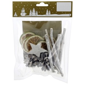 Sachet mélange de tranches d'orange vertes, étoile de coco blanche, branches et pommes de pin dans un sac transparent pour déco de Noël.