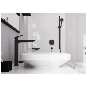 Mitigeur de lavabo noir Hansgrohe Logis 240 Fine sur vasque à poser.