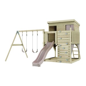 Torre gioco PolarPlay Nils con altalena e scivolo, in legno, elementi rosa antico.