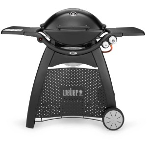Schwarzer Weber Gasgrill Q 3000 mit Rollwagen. Kompakter Grill für Balkon und Terrasse.