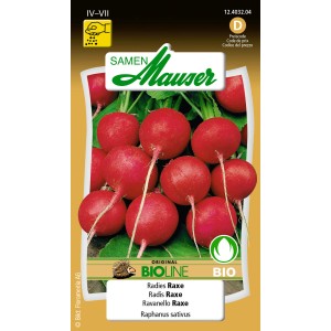 Graines de radis bio Raxe : Radis ronds rouge vif sur le paquet.