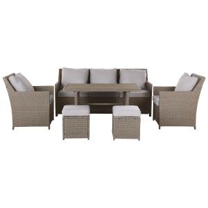 Beliani Set lounge Fonti 5 posti, rattan color talpa con cuscini grigi. Set mobili da giardino con divano, poltrone, sgabelli e tavolo.