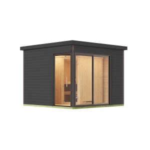 Sauna design moderne 412 ensemble en gris graphite avec large porte coulissante en verre et poêle de sauna.